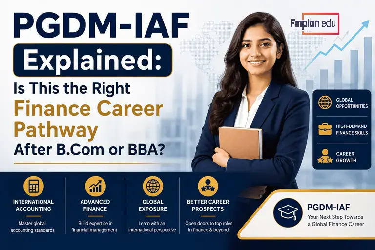 Finplan Edu PGDM-IAF guide showing a finance career pathway after B.Com or BBA.